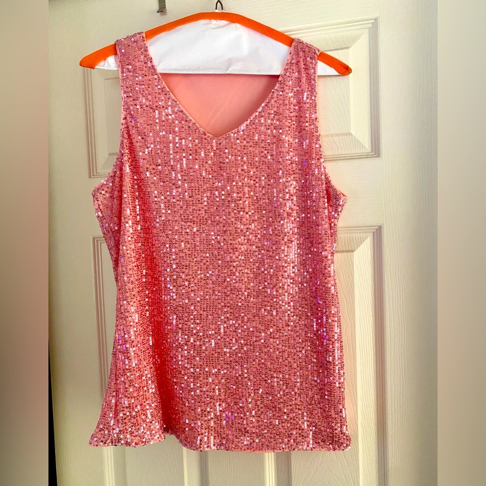 Vibrant deep V Neck Sequined (lined) tank top Large - nwot- mild elasticity